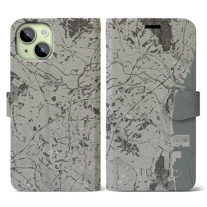 【東海（茨城県）】地図柄iPhoneケース（手帳タイプ）モノトーン・iPhone 15 用