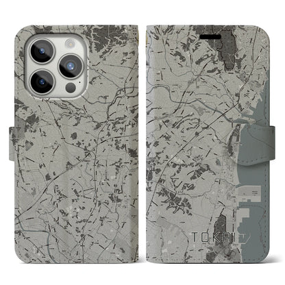 【東海（茨城県）】地図柄iPhoneケース（手帳タイプ）モノトーン・iPhone 15 Pro 用