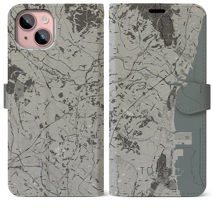 【東海（茨城県）】地図柄iPhoneケース（手帳タイプ）モノトーン・iPhone 15 Plus 用