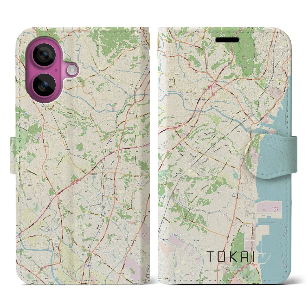 【東海（茨城県）】地図柄iPhoneケース（手帳タイプ）ナチュラル・iPhone 16 Pro 用