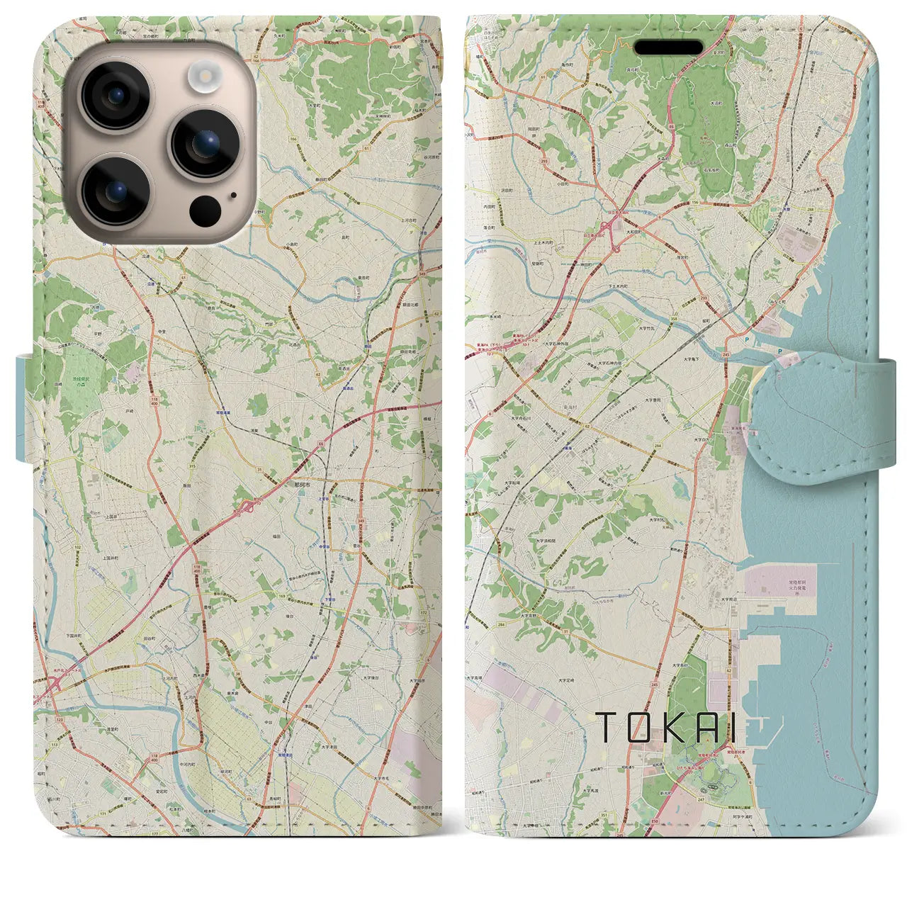 【東海（茨城県）】地図柄iPhoneケース（手帳タイプ）ナチュラル・iPhone 16 Plus 用