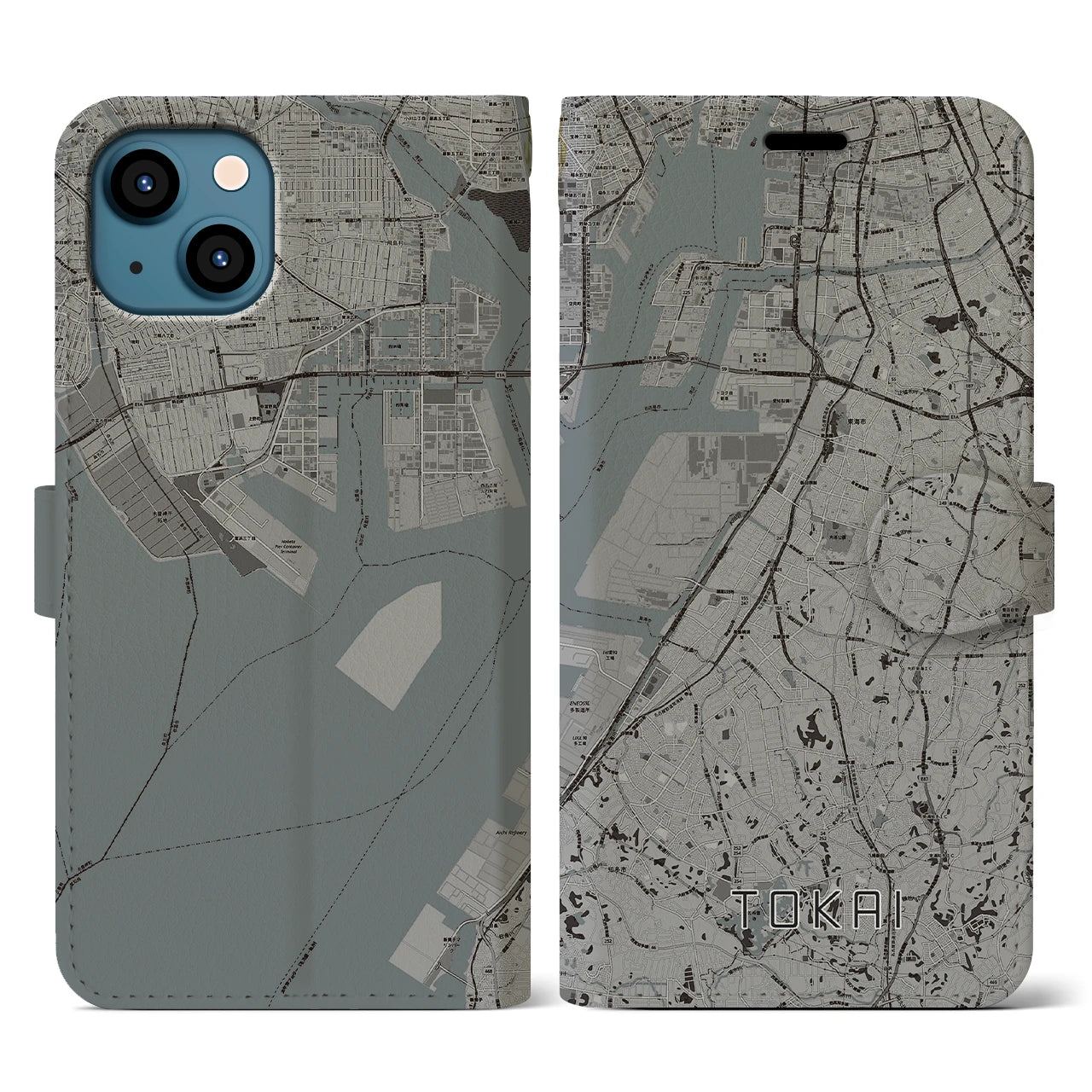 【東海】地図柄iPhoneケース（手帳両面タイプ・モノトーン）iPhone 13 用