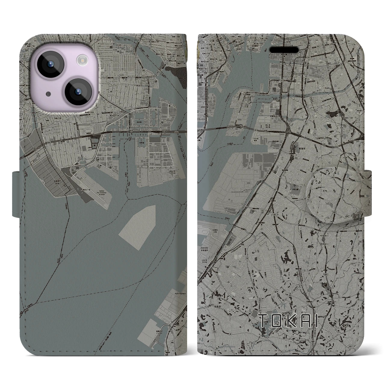 【東海】地図柄iPhoneケース（手帳両面タイプ・モノトーン）iPhone 14 用
