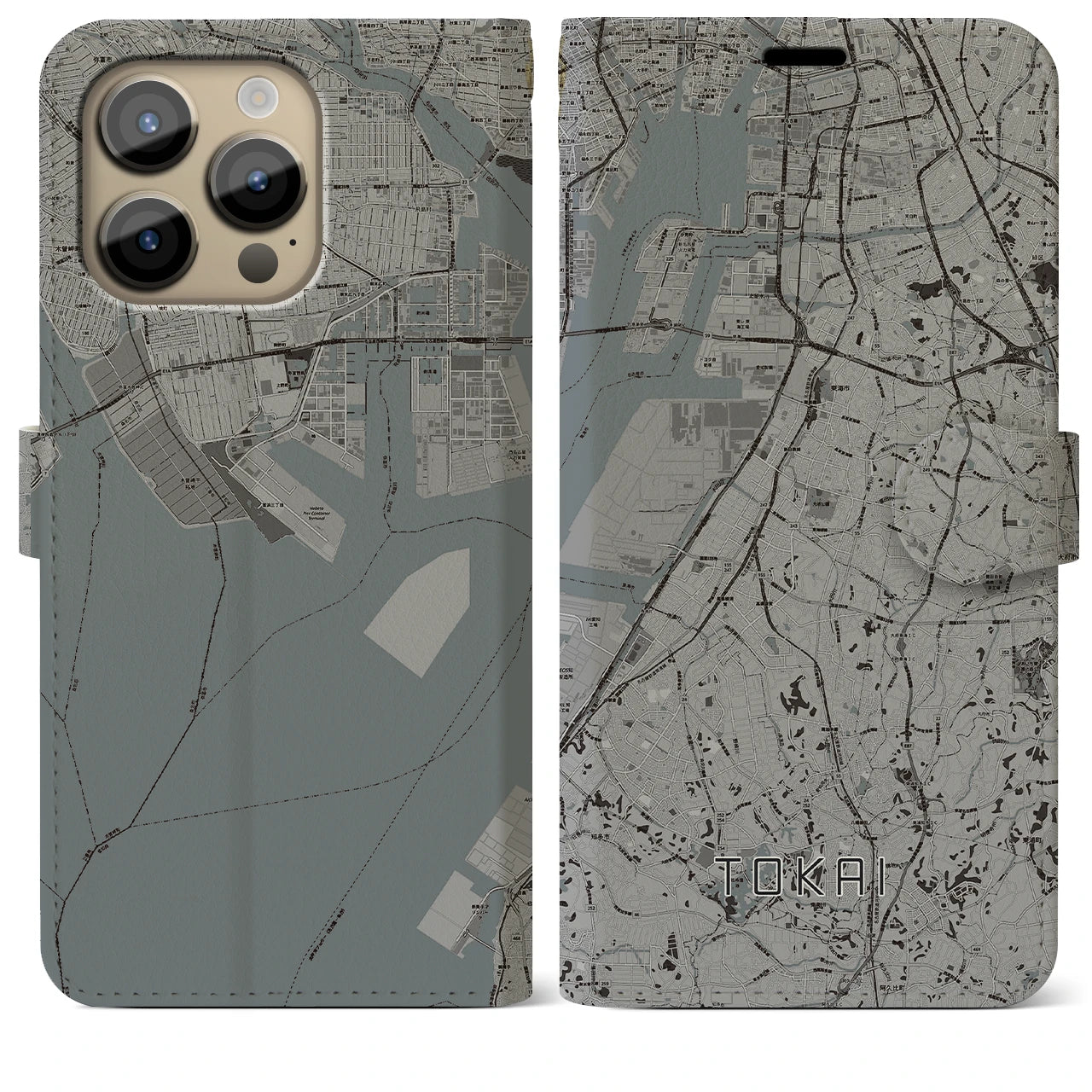 【東海】地図柄iPhoneケース（手帳両面タイプ・モノトーン）iPhone 14 Pro Max 用