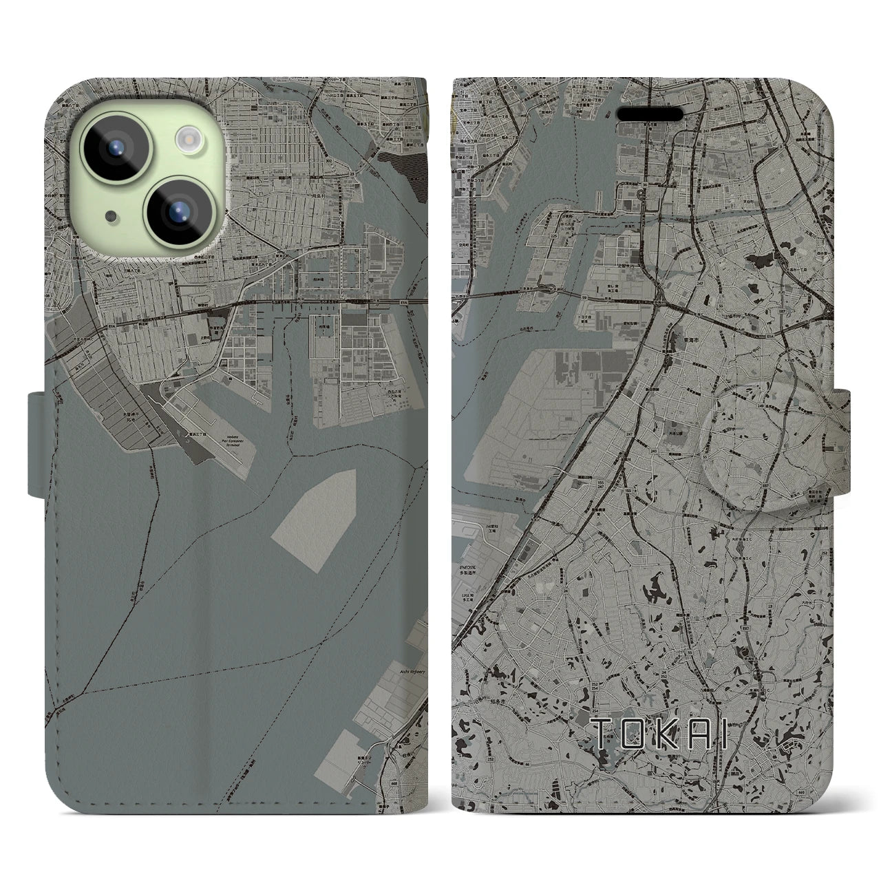 【東海】地図柄iPhoneケース（手帳両面タイプ・モノトーン）iPhone 15 用