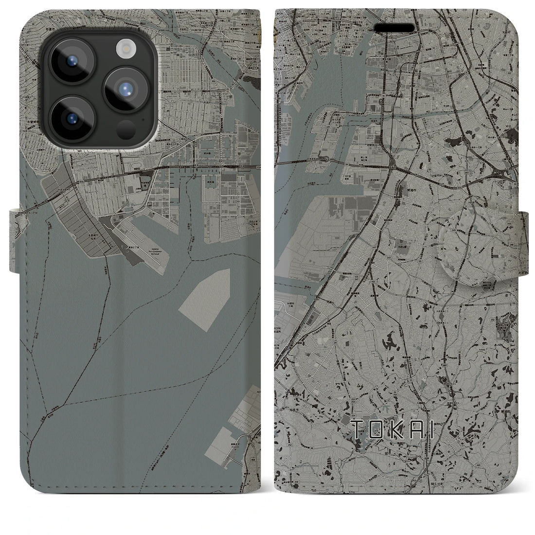 【東海】地図柄iPhoneケース（手帳両面タイプ・モノトーン）iPhone 15 Pro Max 用