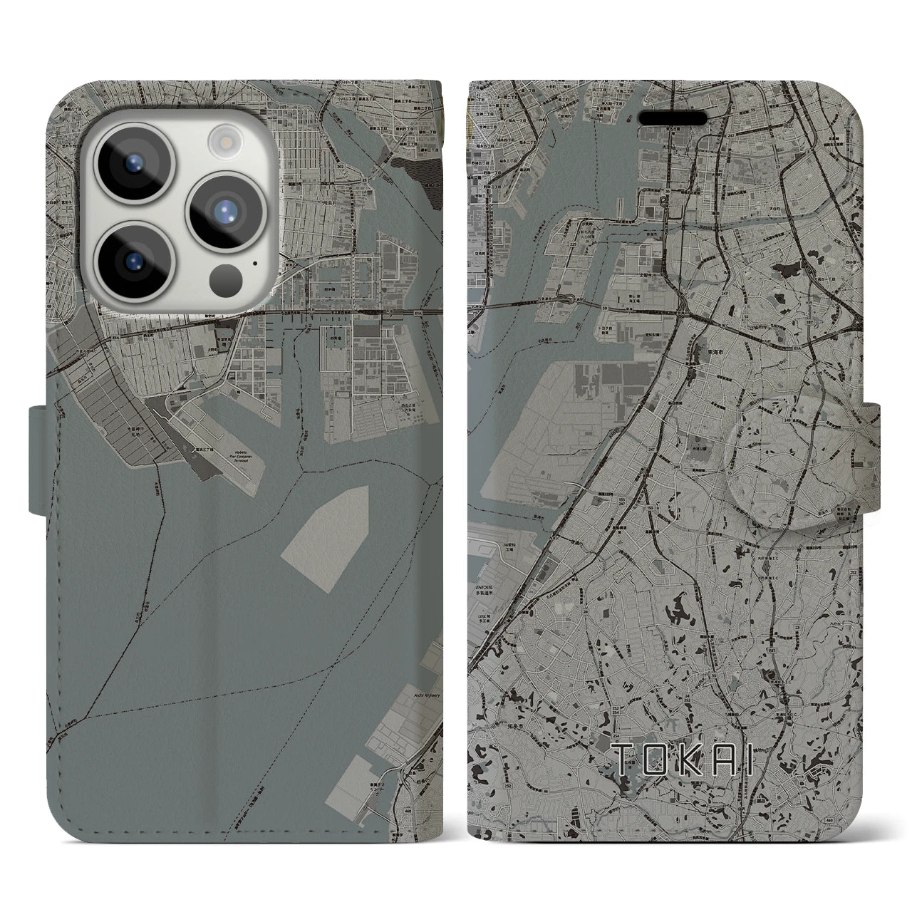 【東海】地図柄iPhoneケース（手帳両面タイプ・モノトーン）iPhone 15 Pro 用
