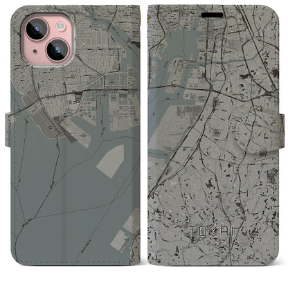 【東海（愛知県）】地図柄iPhoneケース（手帳タイプ）モノトーン・iPhone 15 Plus 用