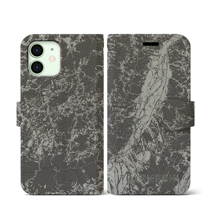 【十日町（新潟県）】地図柄iPhoneケース（手帳タイプ）モノトーン・iPhone 12 mini 用