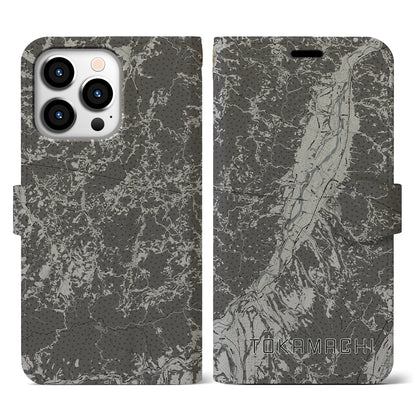 【十日町（新潟県）】地図柄iPhoneケース（手帳タイプ）モノトーン・iPhone 13 Pro 用