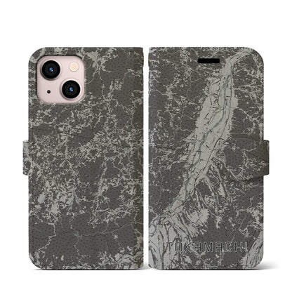 【十日町（新潟県）】地図柄iPhoneケース（手帳タイプ）モノトーン・iPhone 13 mini 用