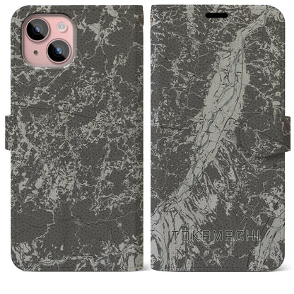 【十日町（新潟県）】地図柄iPhoneケース（手帳タイプ）モノトーン・iPhone 15 Plus 用