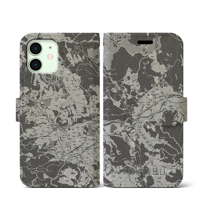【土岐津（岐阜県）】地図柄iPhoneケース（手帳タイプ）モノトーン・iPhone 12 mini 用