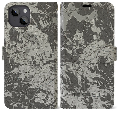 【土岐津（岐阜県）】地図柄iPhoneケース（手帳タイプ）モノトーン・iPhone 14 Plus 用