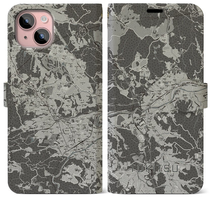 【土岐津（岐阜県）】地図柄iPhoneケース（手帳タイプ）モノトーン・iPhone 15 Plus 用