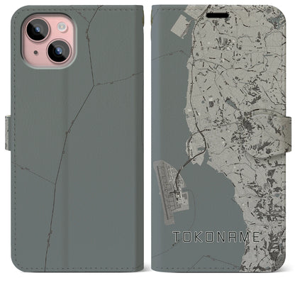 【常滑（愛知県）】地図柄iPhoneケース（手帳タイプ）モノトーン・iPhone 15 Plus 用