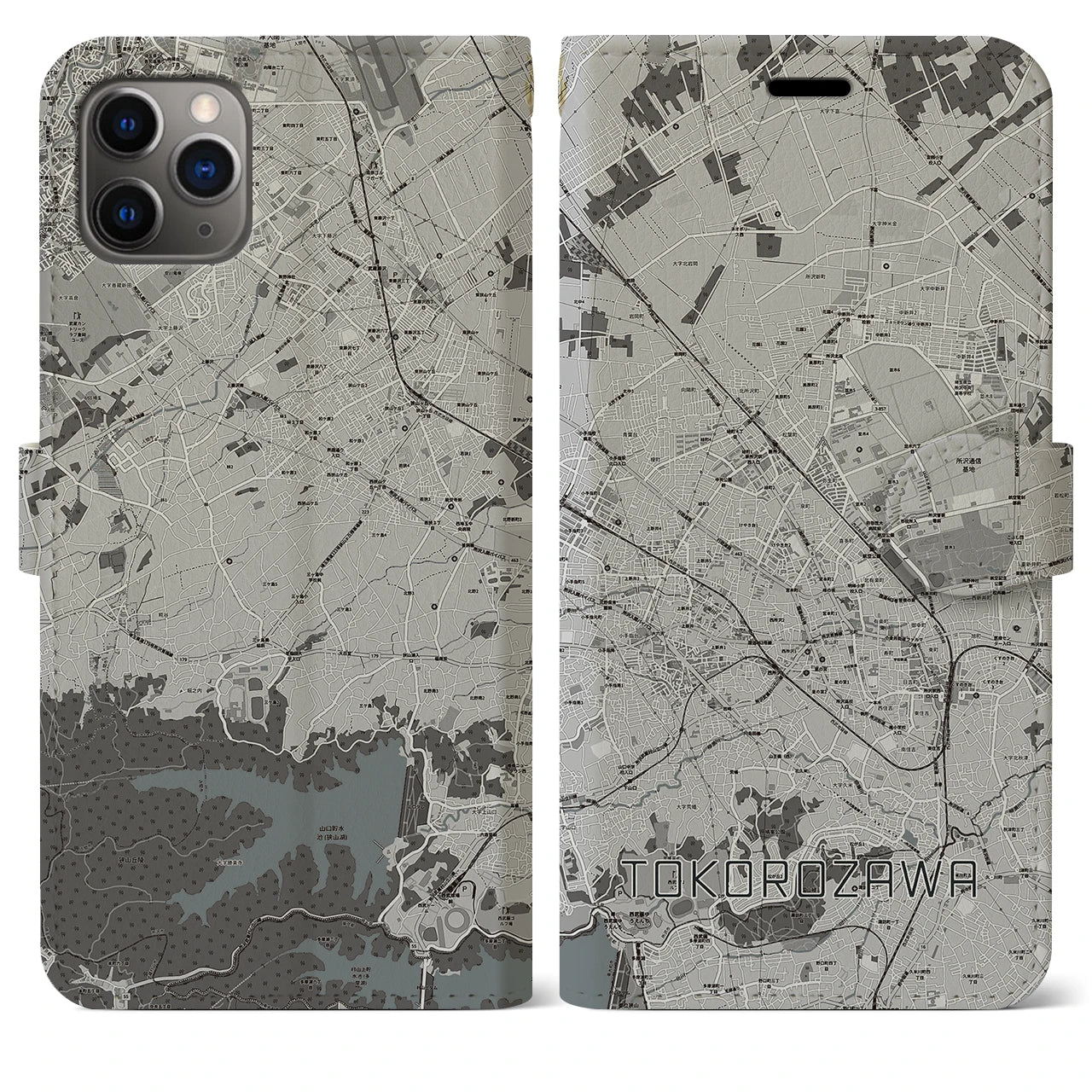 【所沢2】地図柄iPhoneケース（手帳両面タイプ・モノトーン）iPhone 11 Pro Max 用