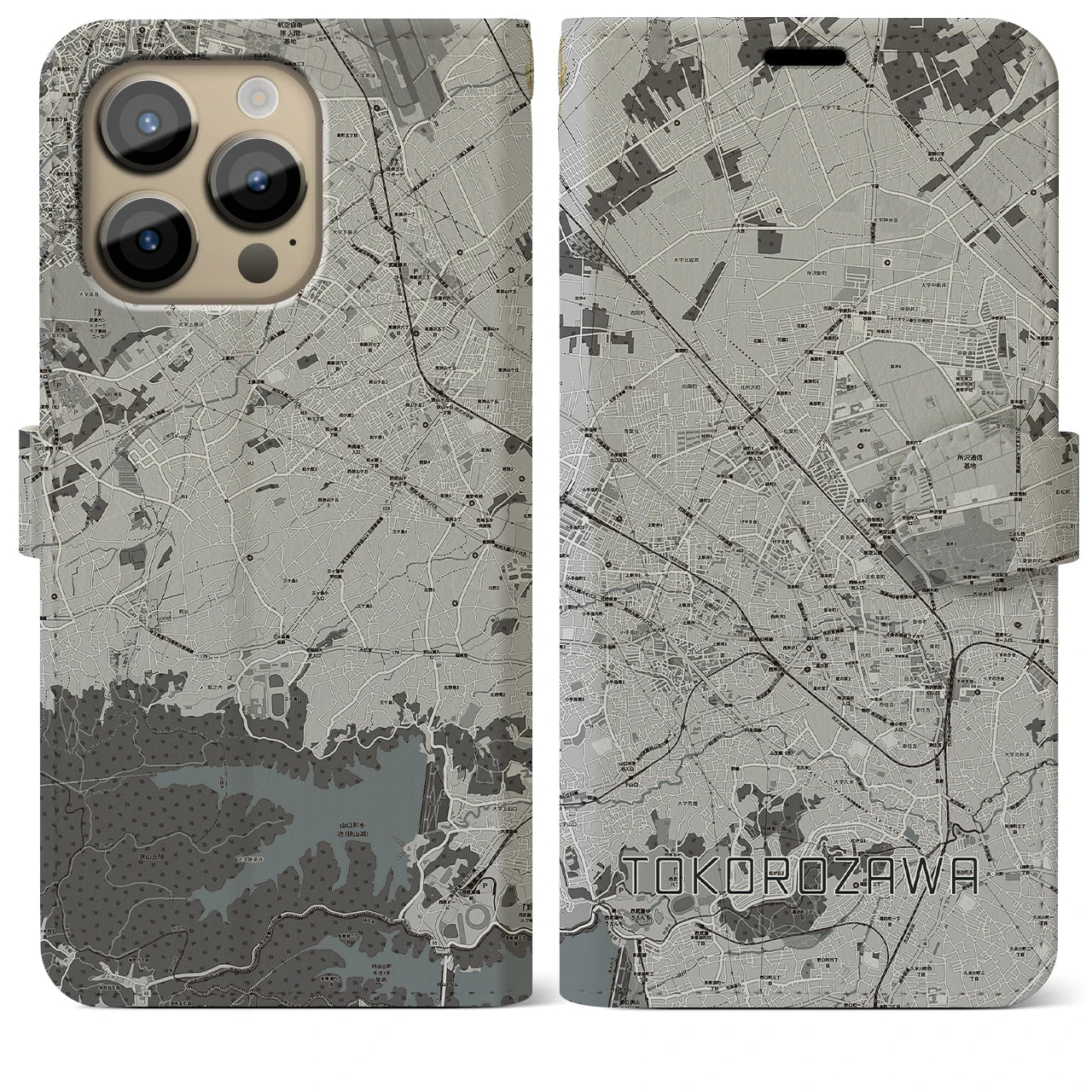 【所沢2】地図柄iPhoneケース（手帳両面タイプ・モノトーン）iPhone 14 Pro Max 用