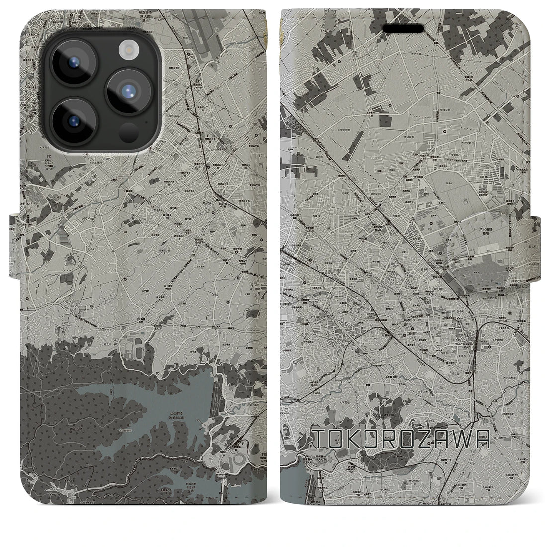 【所沢2】地図柄iPhoneケース（手帳両面タイプ・モノトーン）iPhone 15 Pro Max 用