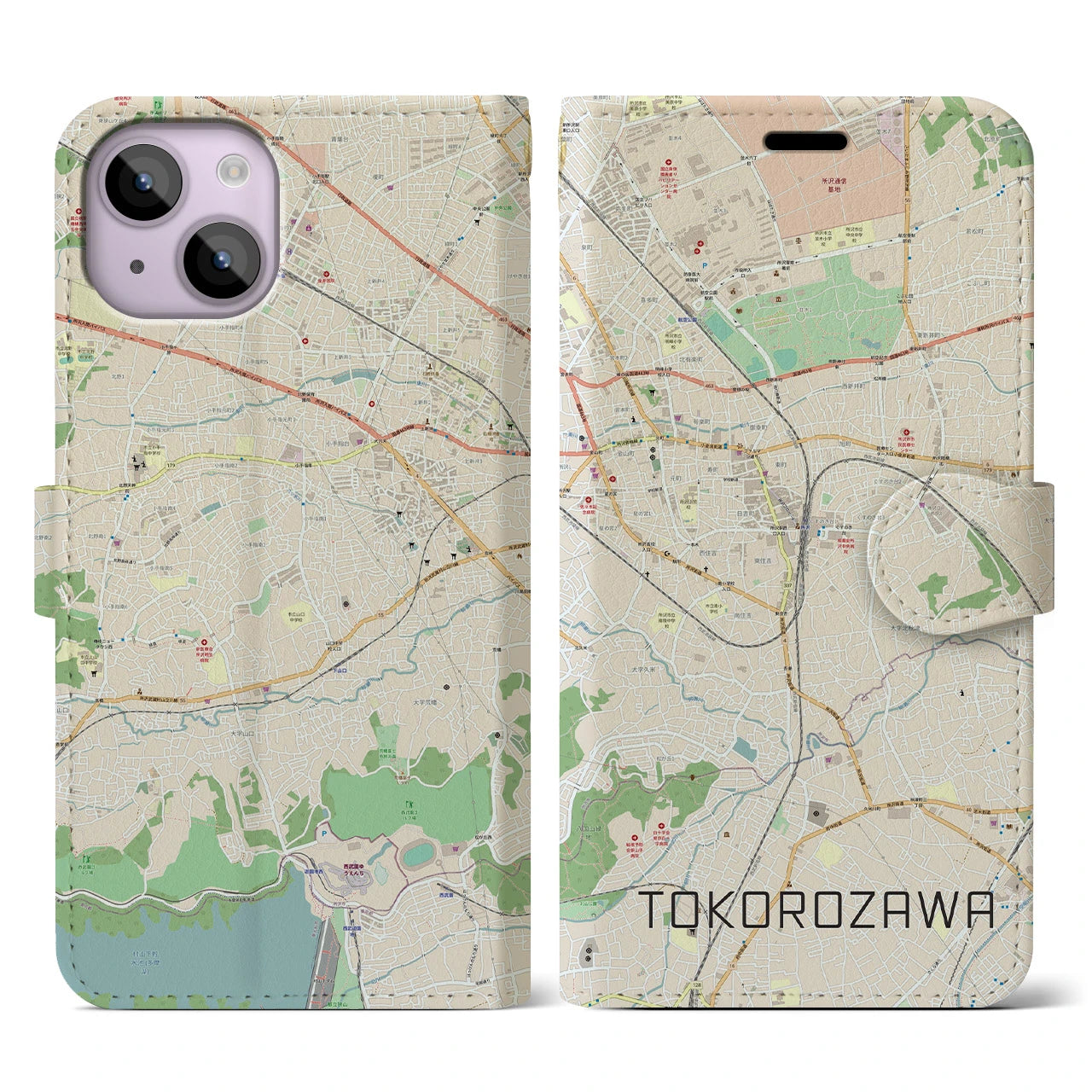 【所沢】地図柄iPhoneケース（手帳両面タイプ・ナチュラル）iPhone 14 用