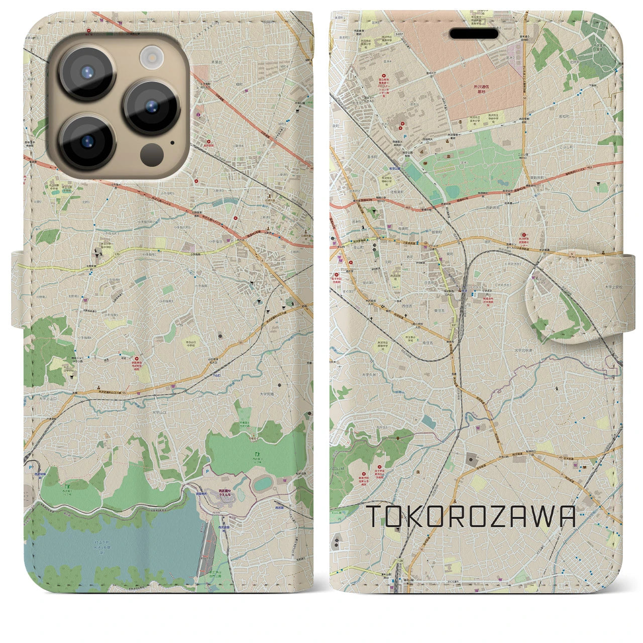 【所沢】地図柄iPhoneケース（手帳両面タイプ・ナチュラル）iPhone 14 Pro Max 用