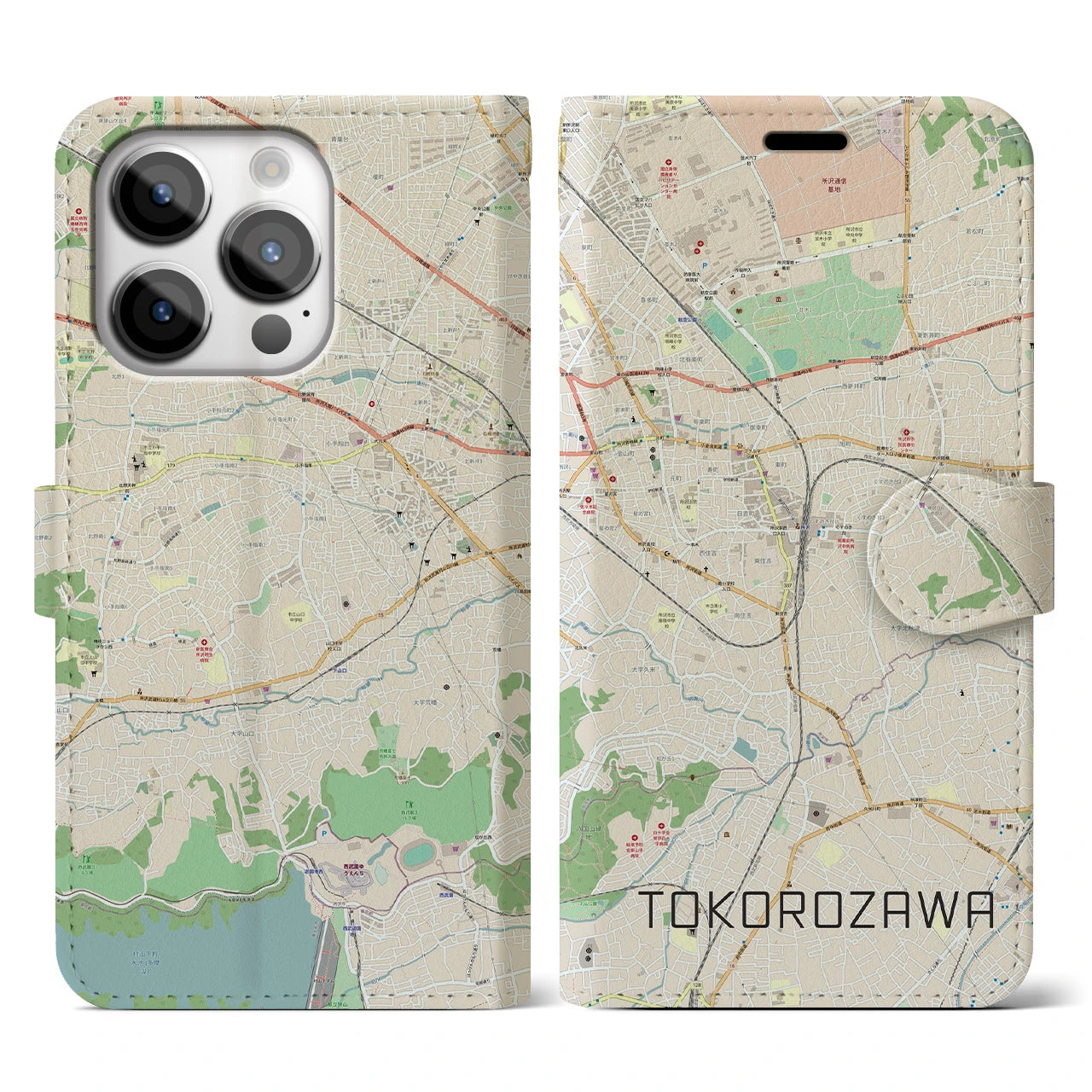 【所沢】地図柄iPhoneケース（手帳両面タイプ・ナチュラル）iPhone 14 Pro 用