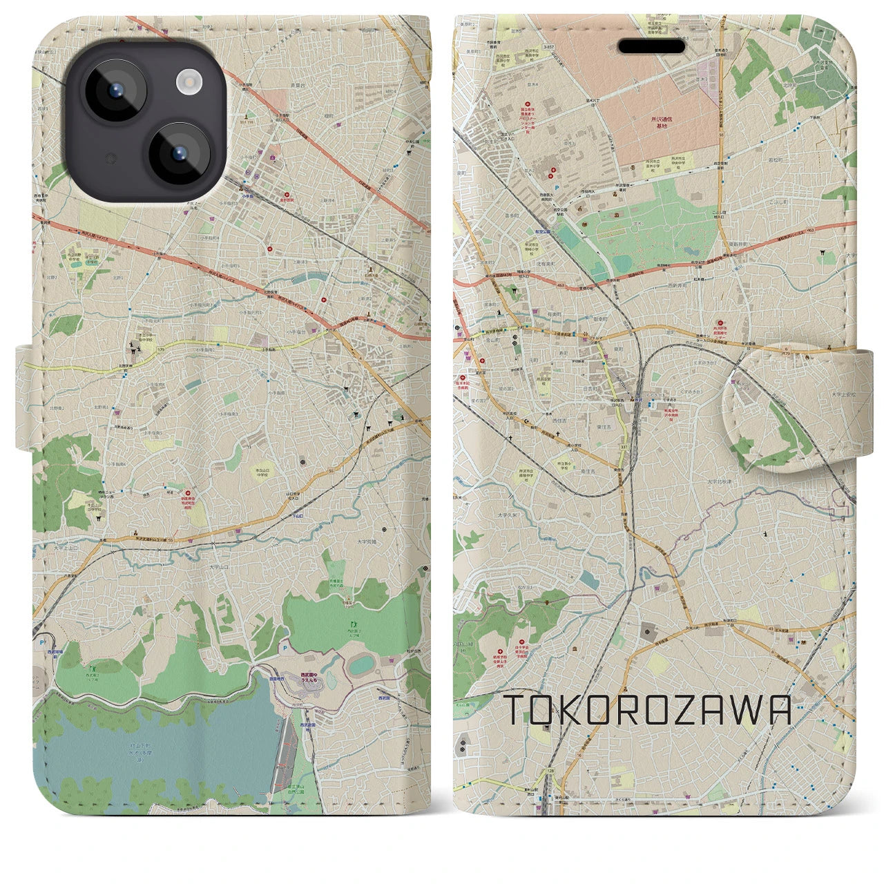 【所沢】地図柄iPhoneケース（手帳両面タイプ・ナチュラル）iPhone 14 Plus 用
