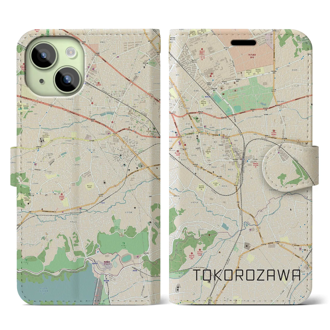 【所沢】地図柄iPhoneケース（手帳両面タイプ・ナチュラル）iPhone 15 用