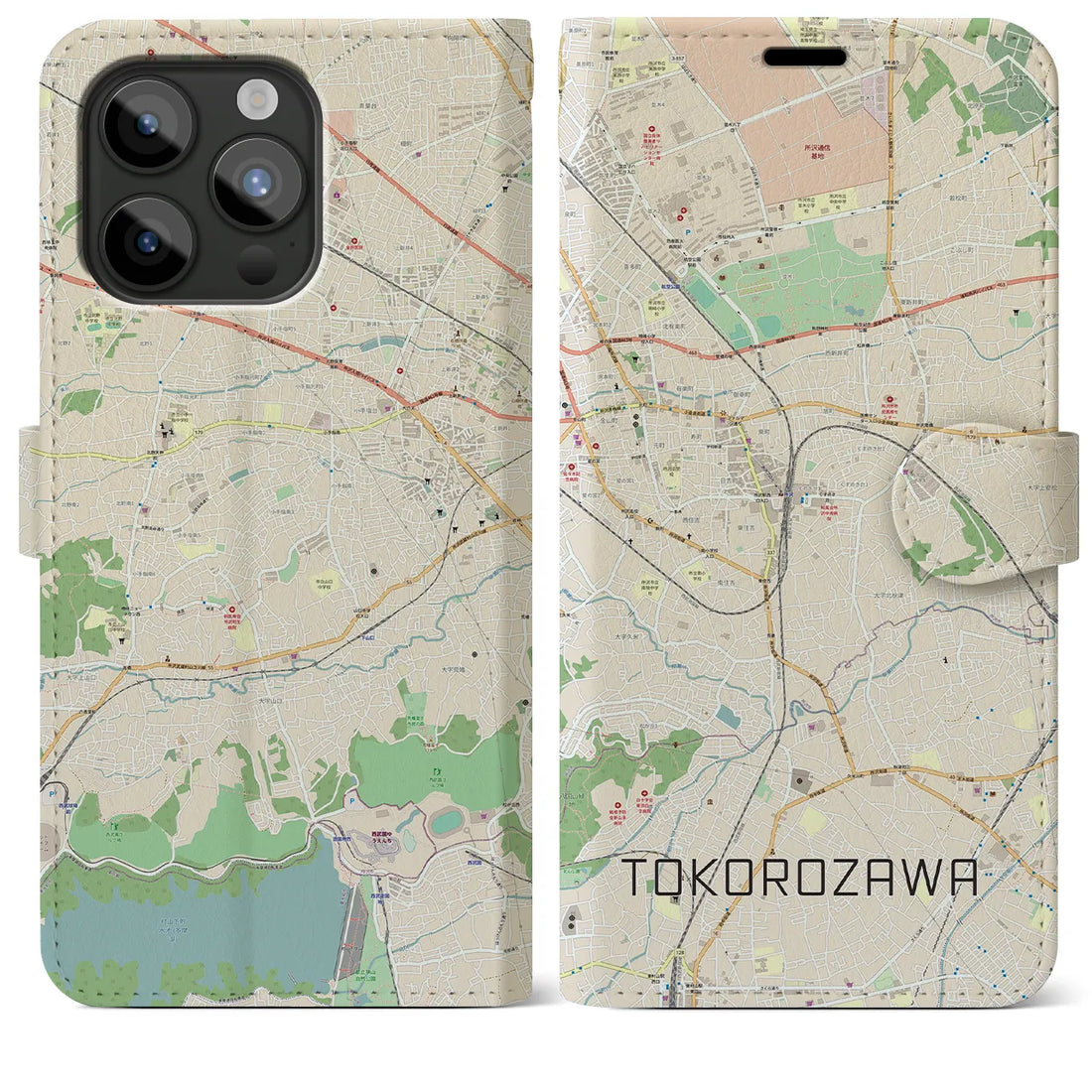 【所沢】地図柄iPhoneケース（手帳両面タイプ・ナチュラル）iPhone 15 Pro Max 用