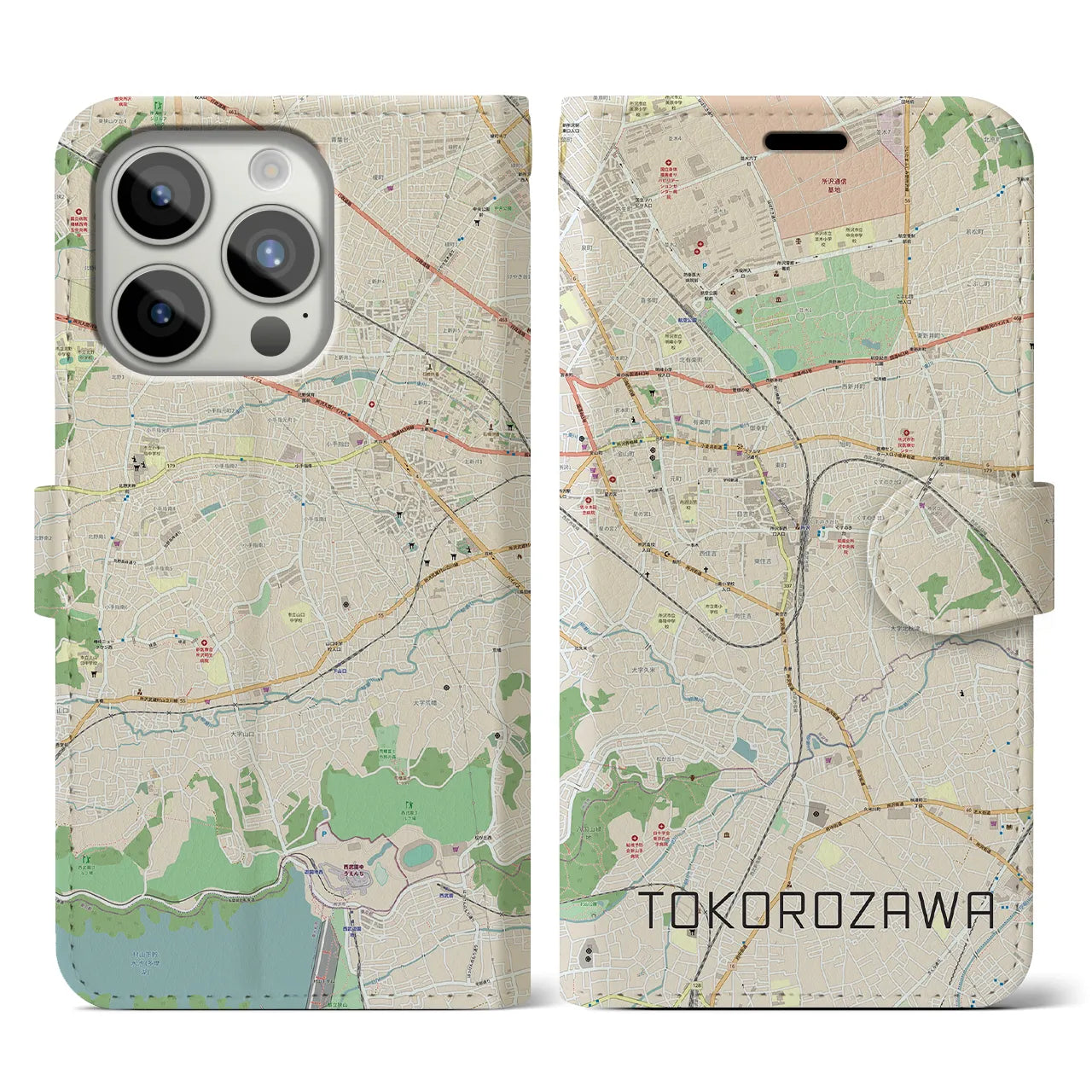 【所沢】地図柄iPhoneケース（手帳両面タイプ・ナチュラル）iPhone 15 Pro 用