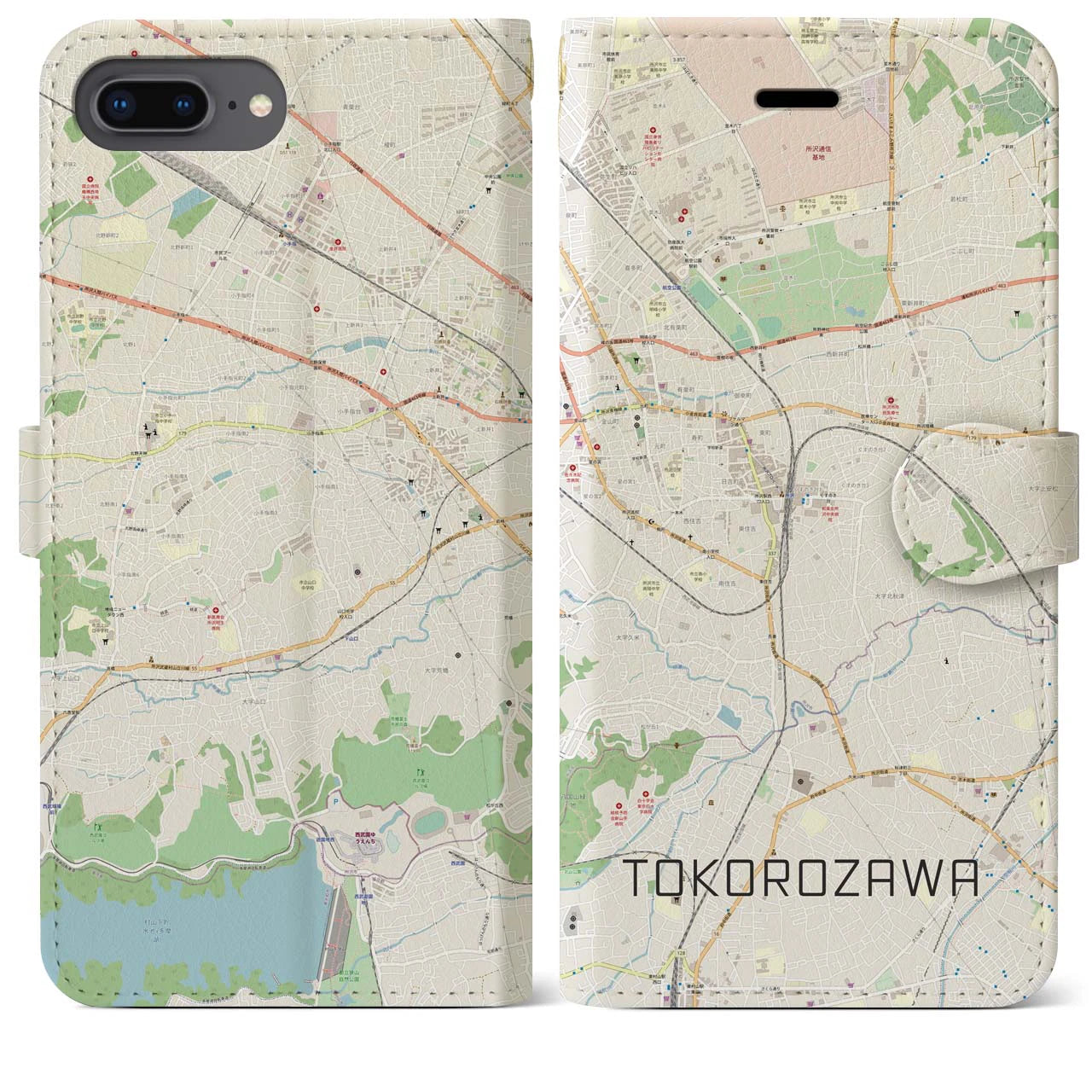 【所沢】地図柄iPhoneケース（手帳両面タイプ・ナチュラル）iPhone 8Plus /7Plus / 6sPlus / 6Plus 用