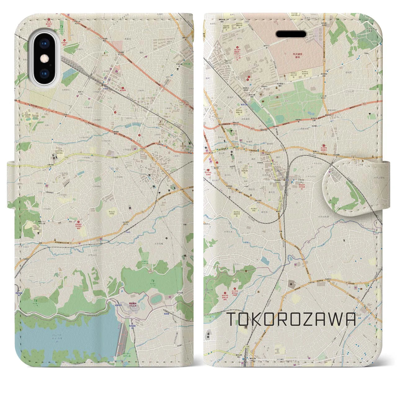 【所沢】地図柄iPhoneケース（手帳両面タイプ・ナチュラル）iPhone XS Max 用