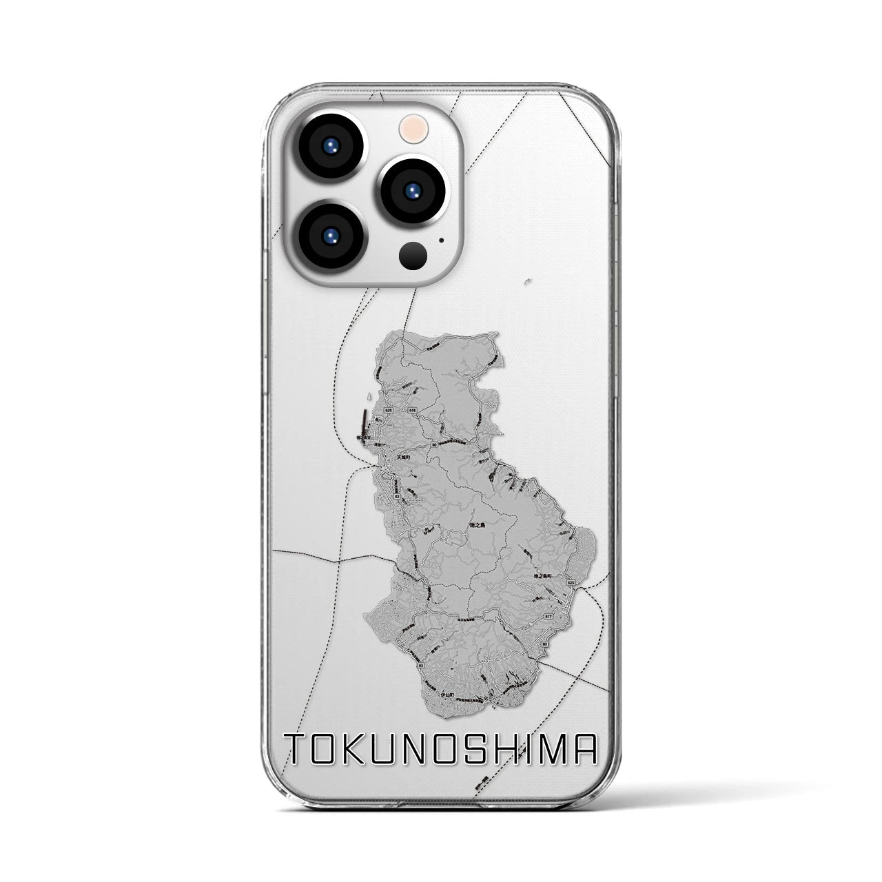 【徳之島（鹿児島県）】地図柄iPhoneケース（クリアタイプ）モノトーン・iPhone 13 Pro 用