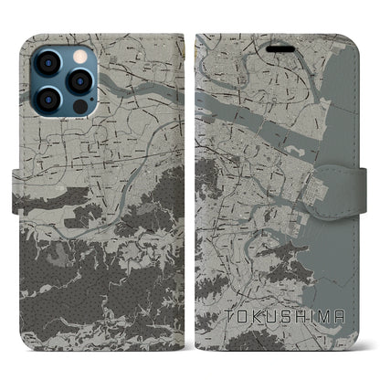 【徳島（徳島県）】地図柄iPhoneケース（手帳タイプ）モノトーン・iPhone 12 / 12 Pro 用