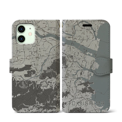 【徳島（徳島県）】地図柄iPhoneケース（手帳タイプ）モノトーン・iPhone 12 mini 用