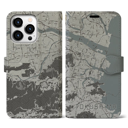 【徳島（徳島県）】地図柄iPhoneケース（手帳タイプ）モノトーン・iPhone 13 Pro 用