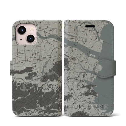 【徳島（徳島県）】地図柄iPhoneケース（手帳タイプ）モノトーン・iPhone 13 mini 用