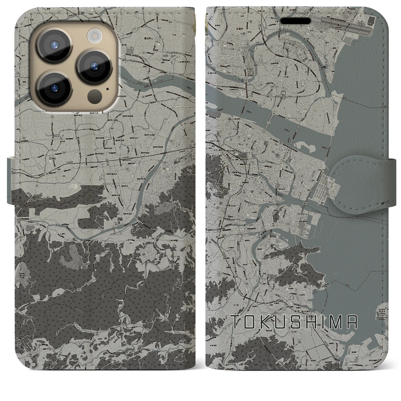 【徳島】地図柄iPhoneケース（手帳両面タイプ・モノトーン）iPhone 14 Pro Max 用
