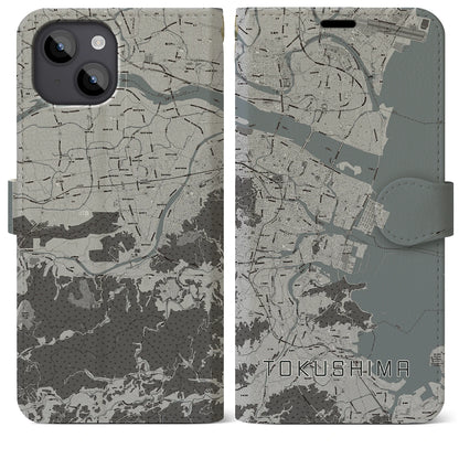 【徳島（徳島県）】地図柄iPhoneケース（手帳タイプ）モノトーン・iPhone 14 Plus 用