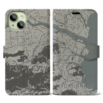 【徳島（徳島県）】地図柄iPhoneケース（手帳タイプ）モノトーン・iPhone 15 用