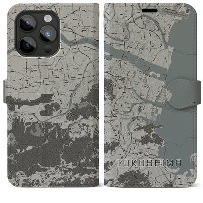 【徳島（徳島県）】地図柄iPhoneケース（手帳タイプ）モノトーン・iPhone 15 Pro Max 用