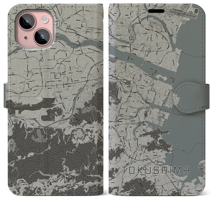 【徳島（徳島県）】地図柄iPhoneケース（手帳タイプ）モノトーン・iPhone 15 Plus 用