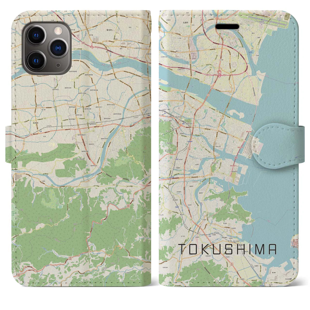 【徳島】地図柄iPhoneケース（手帳両面タイプ・ナチュラル）iPhone 11 Pro Max 用