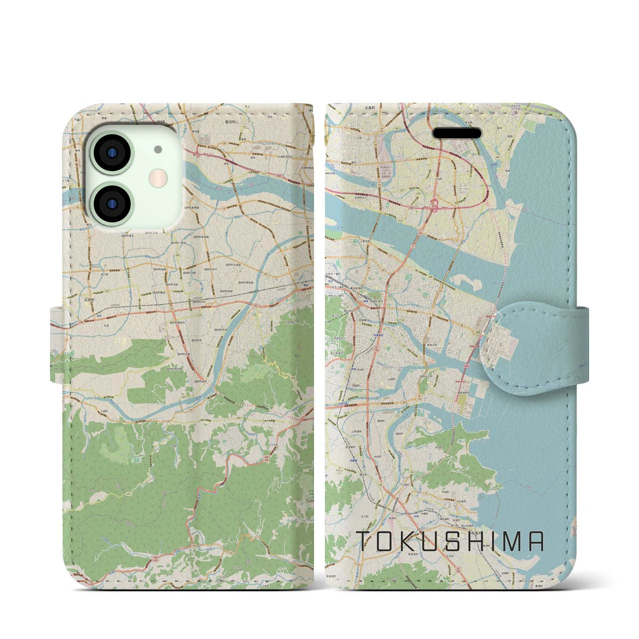 【徳島】地図柄iPhoneケース（手帳両面タイプ・ナチュラル）iPhone 12 mini 用