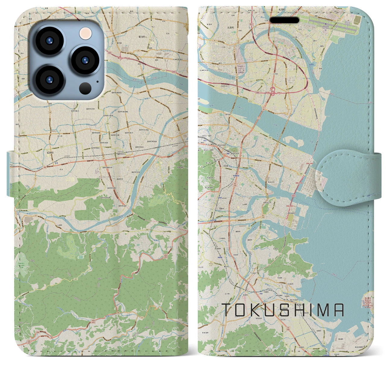 【徳島】地図柄iPhoneケース（手帳両面タイプ・ナチュラル）iPhone 13 Pro Max 用