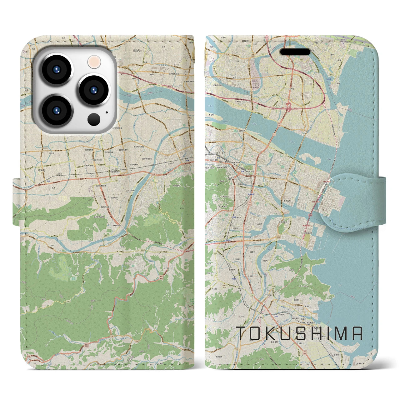 【徳島】地図柄iPhoneケース（手帳両面タイプ・ナチュラル）iPhone 13 Pro 用