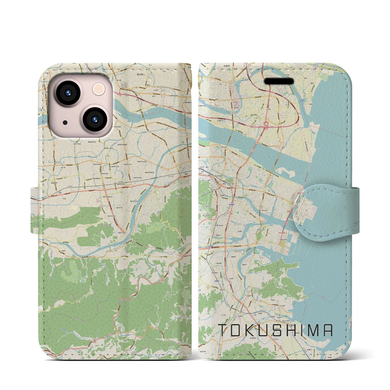 【徳島】地図柄iPhoneケース（手帳両面タイプ・ナチュラル）iPhone 13 mini 用