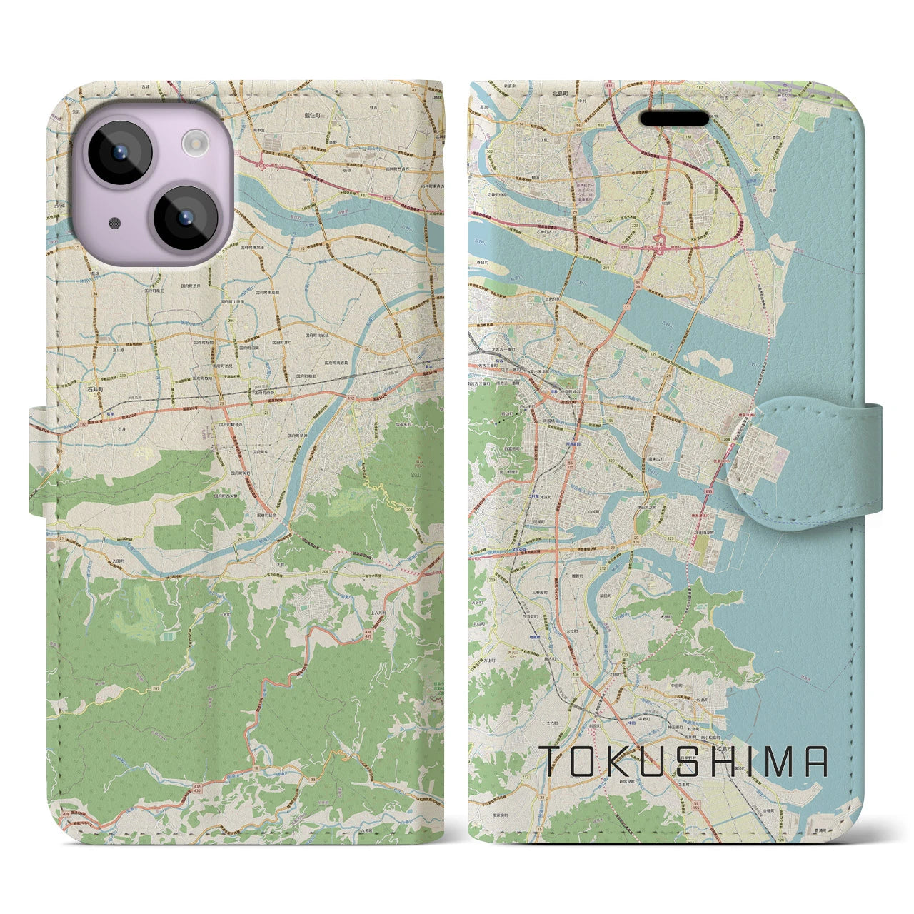 【徳島】地図柄iPhoneケース（手帳両面タイプ・ナチュラル）iPhone 14 用