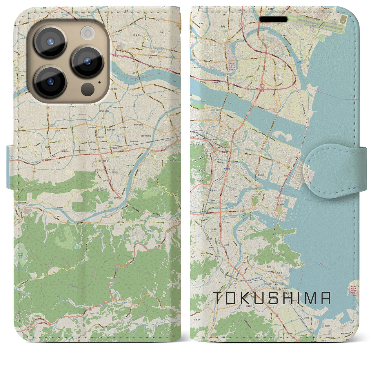 【徳島】地図柄iPhoneケース（手帳両面タイプ・ナチュラル）iPhone 14 Pro Max 用