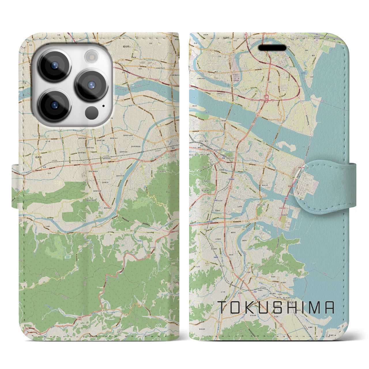 【徳島】地図柄iPhoneケース（手帳両面タイプ・ナチュラル）iPhone 14 Pro 用
